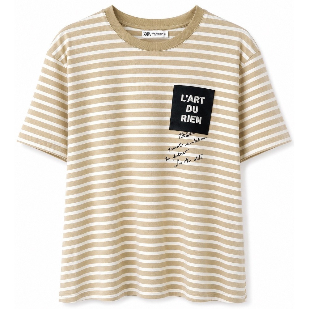 Zara Womens XL Beige White Striped Graphic Tee L'Art Du Rien Short Sleeve Shirt
